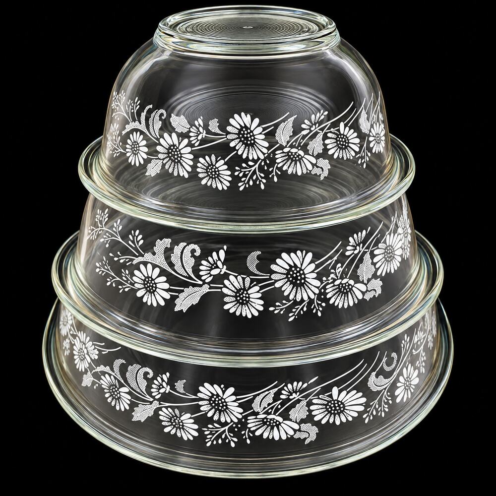Vintage Pyrex Colonial Mist Clear Mixing Bowls 322 323 325 White Lace Floral